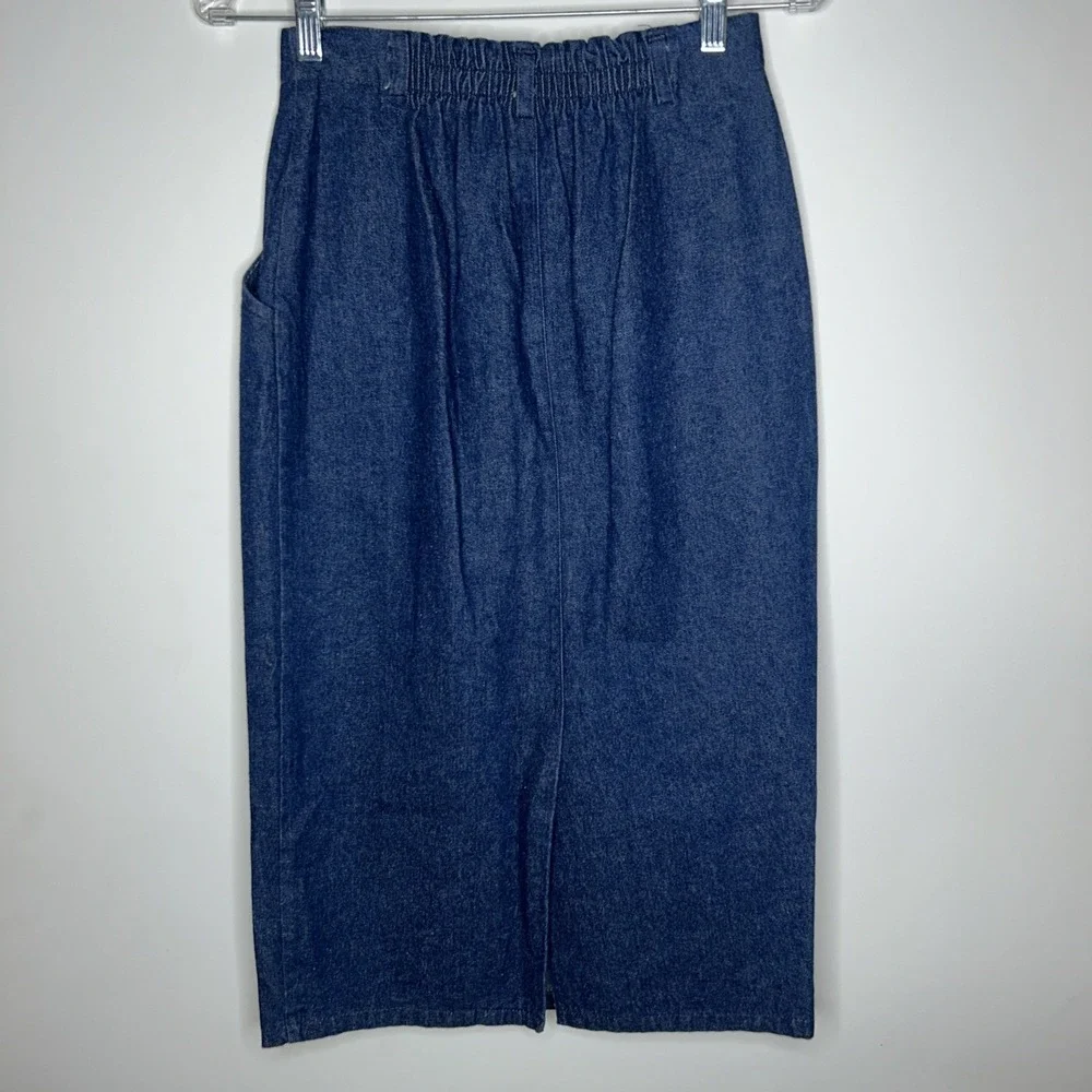 Suburban Petites VTG 80s Denim Skirt Sz 6 P Maxi Pencil Pockets Pleated Blue USA
